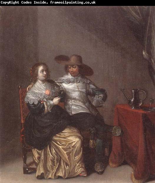 Laurentius de Neter An interior with a soldier makng advances to a lady,deside a table draped with a red cloth,with a pewther jug and an upturned roemer on a pewter dish